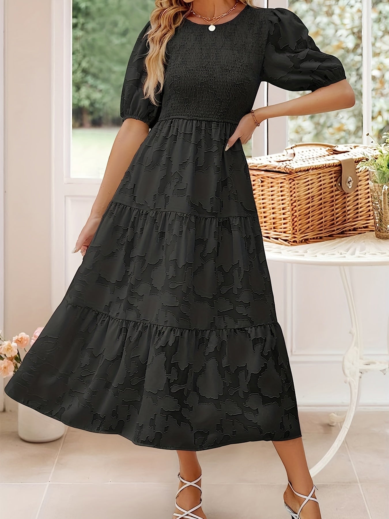 Jacquard Crew Neck Maxi Dress Ruched Short Sleeve