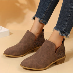 Women's Back Hollow Out Point Toe Chunky Heel Short Boots Slip On Ankle Boots