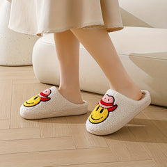 Women's Smile Face Printed Slippers Slip On Round Toe Non slip Home Fluffy Flat