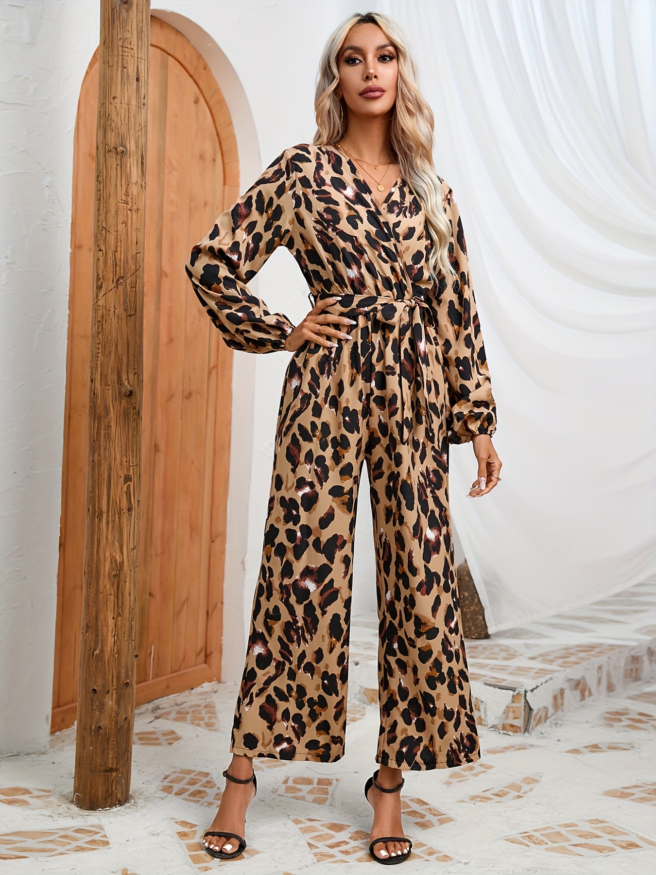 Leopard Print Belt Jumpsuit Long Sleeve
