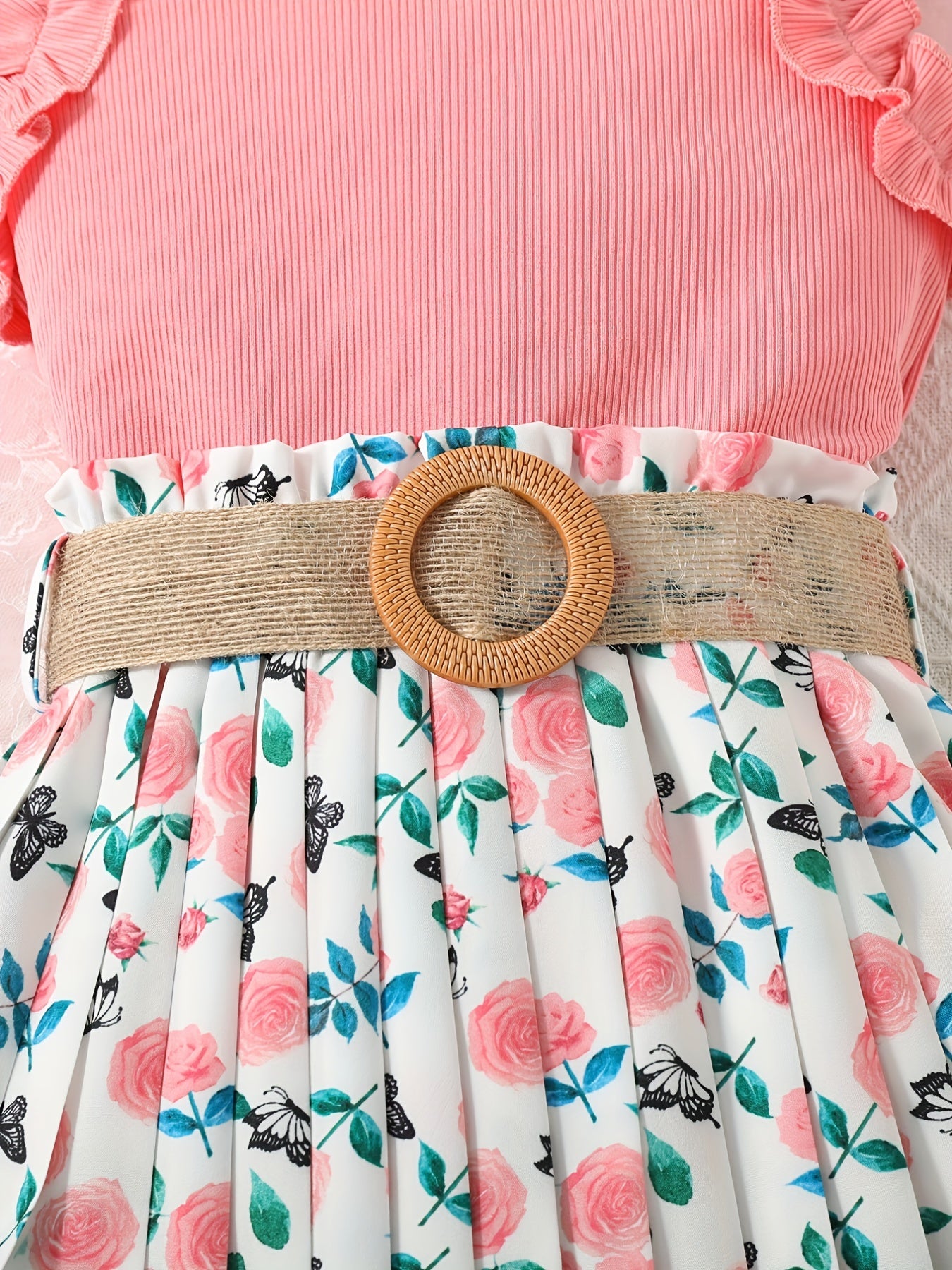 Girls Ribbed Lace Cuffs Top & Boho Flowers Pleated Skirt Set