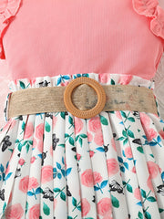 Girls Ribbed Lace Cuffs Top & Boho Flowers Pleated Skirt Set