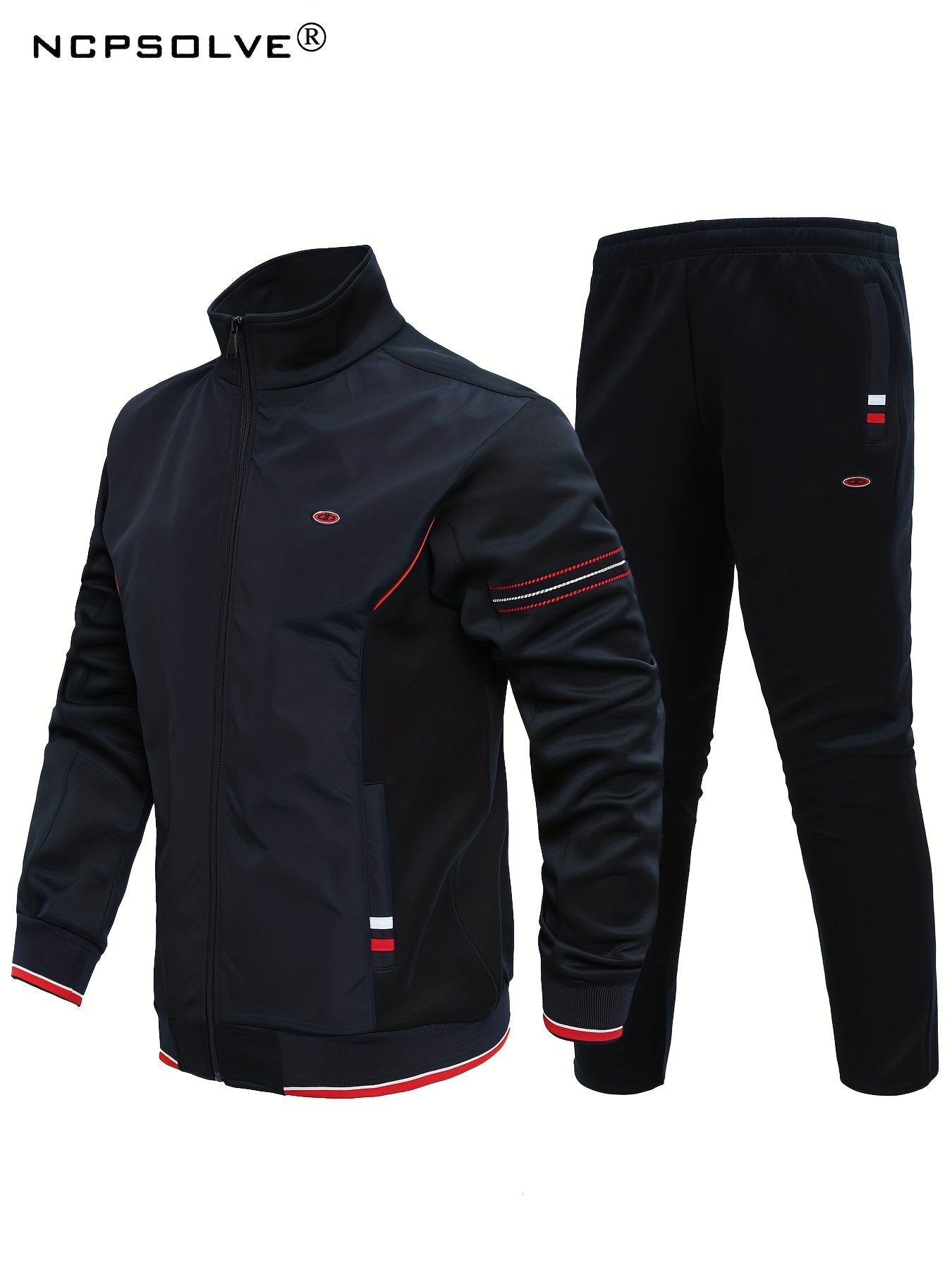 Men's Striped Sports Suit Stand Collar Jacket & Stretch Pants
