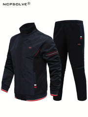 Men's Striped Sports Suit Stand Collar Jacket & Stretch Pants
