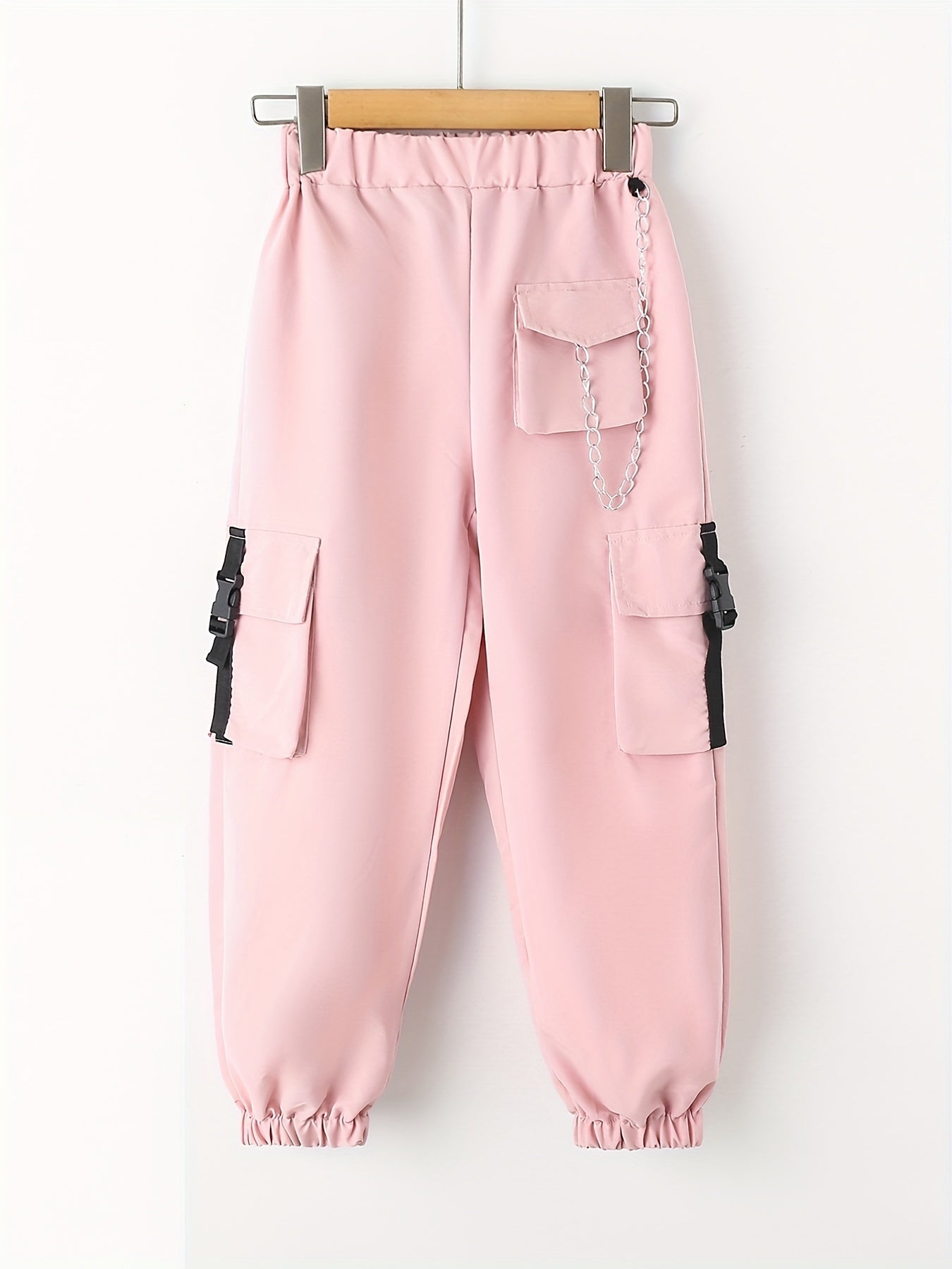 Girls Cargo Pants with Buckle Tape Chain Detail