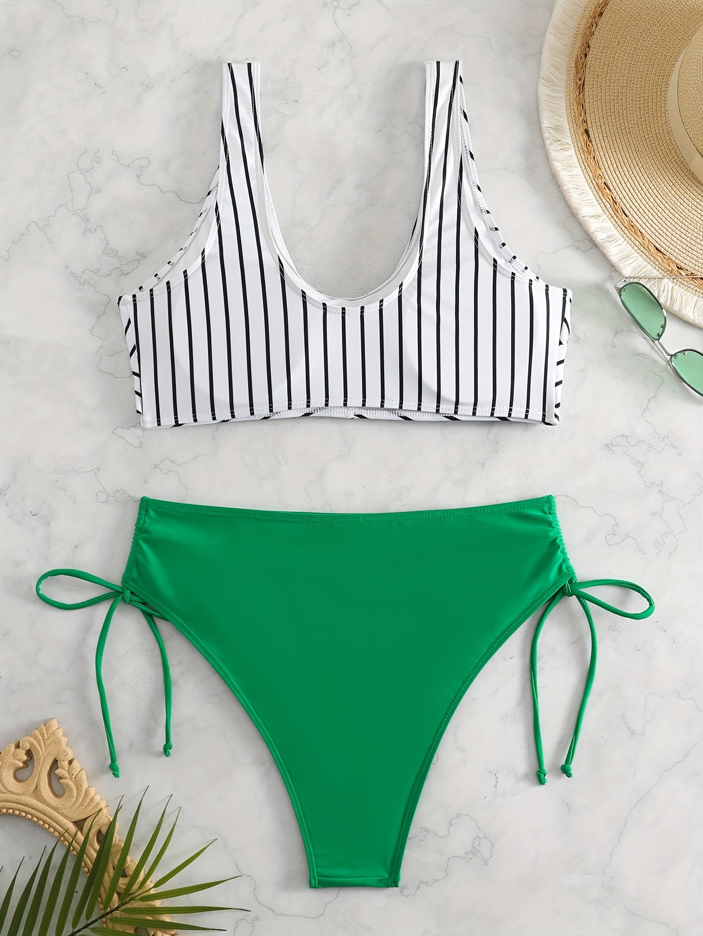 Striped Cross Front Bra & Solid Lace Up Side Panty Swimsuit Set