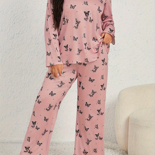 Butterfly Print Pajama Set Long Sleeve Tee & Pants Lounge 2 Piece