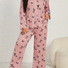 Butterfly Print Pajama Set Long Sleeve Tee & Pants Lounge 2 Piece