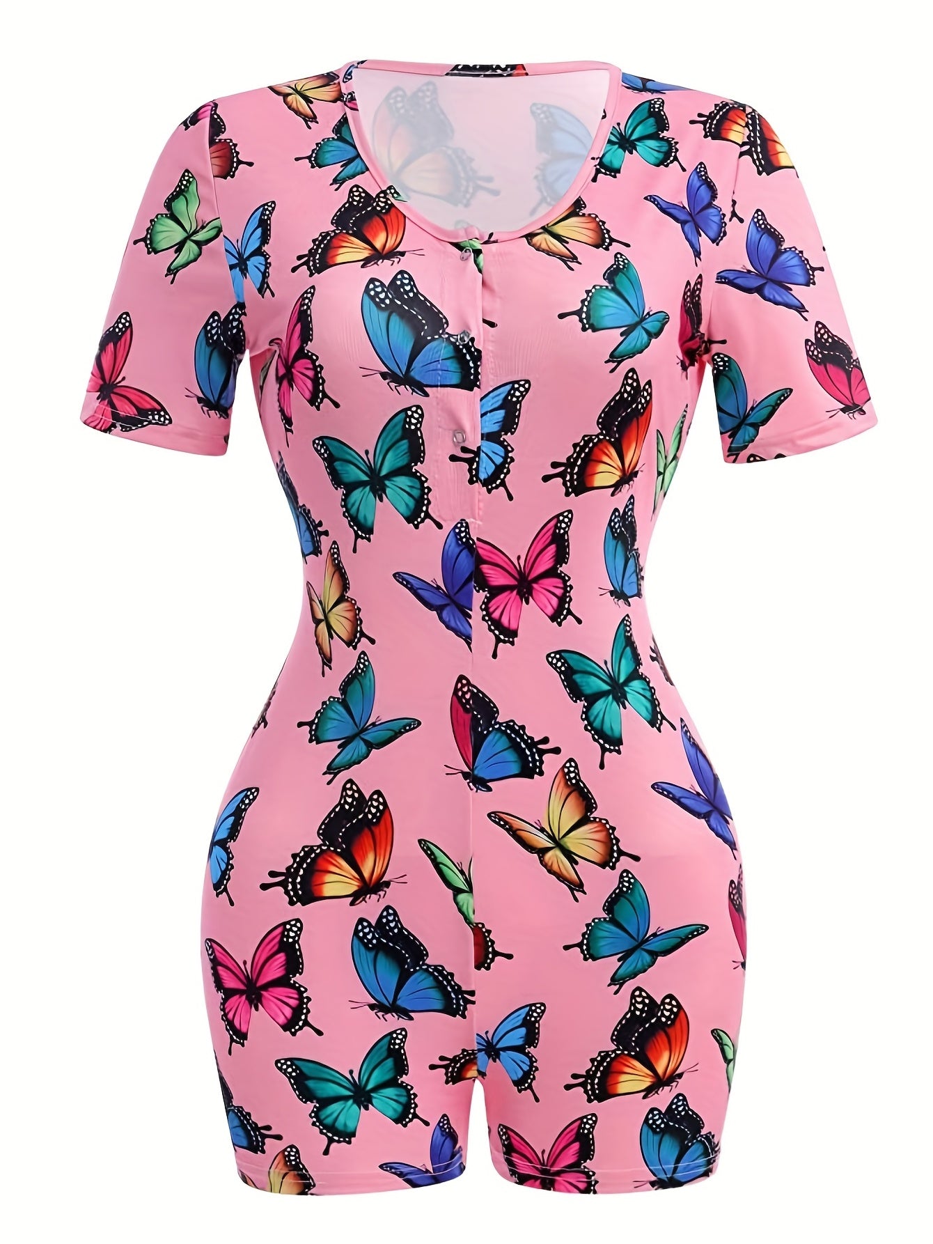 Butterfly Pattern Lounge Romper Sexy Short Sleeve Buttons Romper