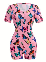 Butterfly Pattern Lounge Romper Sexy Short Sleeve Buttons Romper