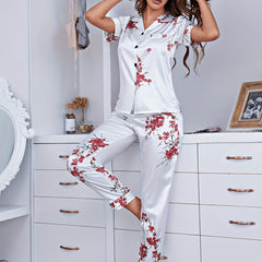 Floral Print Satin Pajama Set Short Sleeve Button Up Top & Pant