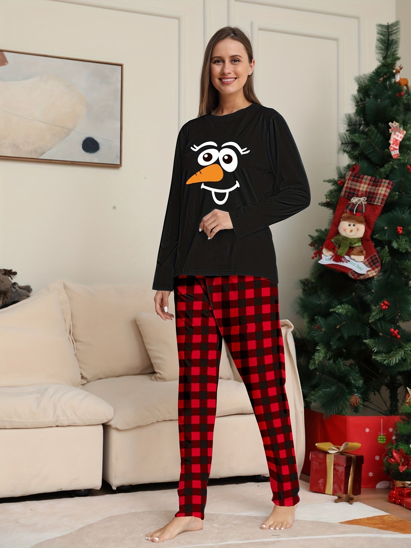 Christmas Print Pajama Set Long Sleeve Top & Plaid Pants