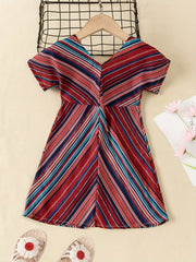 Girls Bohemian Style Dress Short Sleeve Striped V-neck Dress