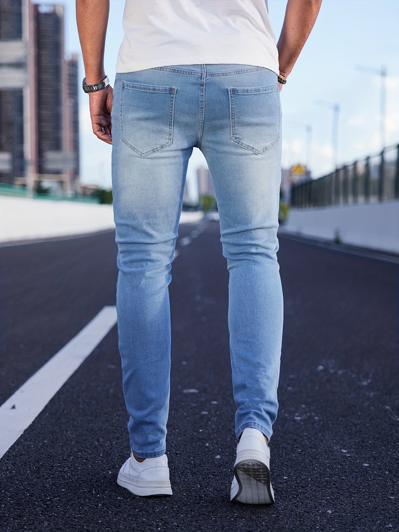 Slim Fit Ripped Cotton Jeans Men Casual Street Style Distressed Mid Stretch