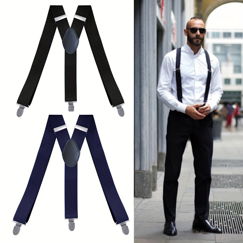 Men's Y Back Suspenders 3-Wide Adjustable Solid Straight Heavy Duty Clip