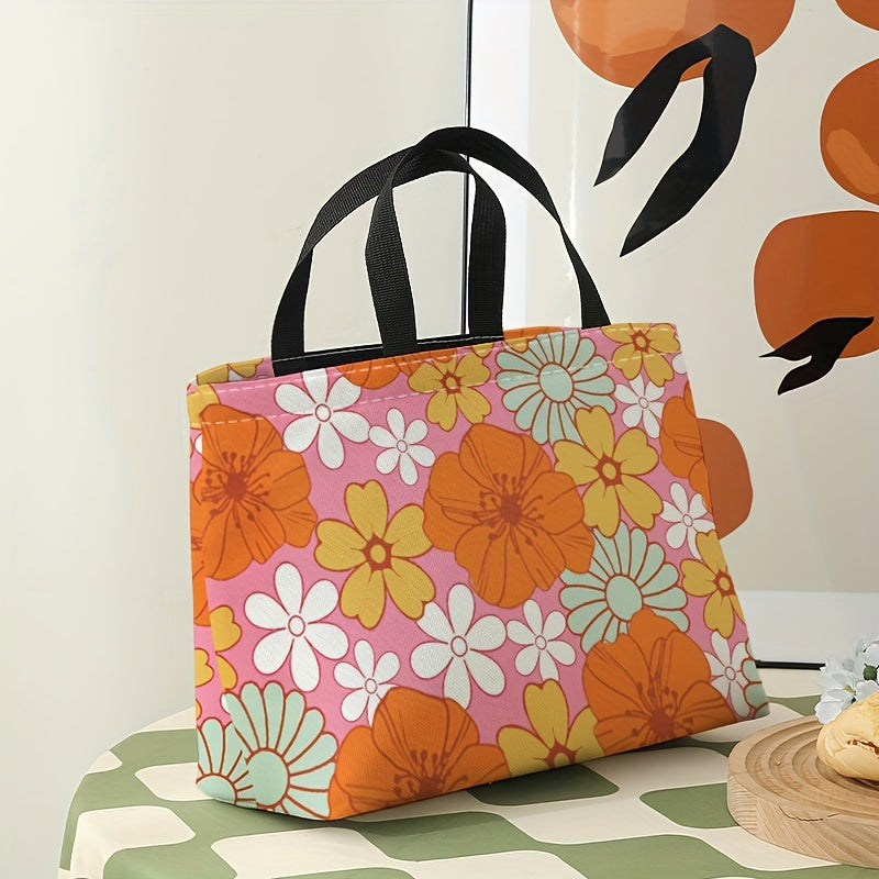 Orange Flowers Printed Lunch Bag Waterproof Insulated Large Capacity