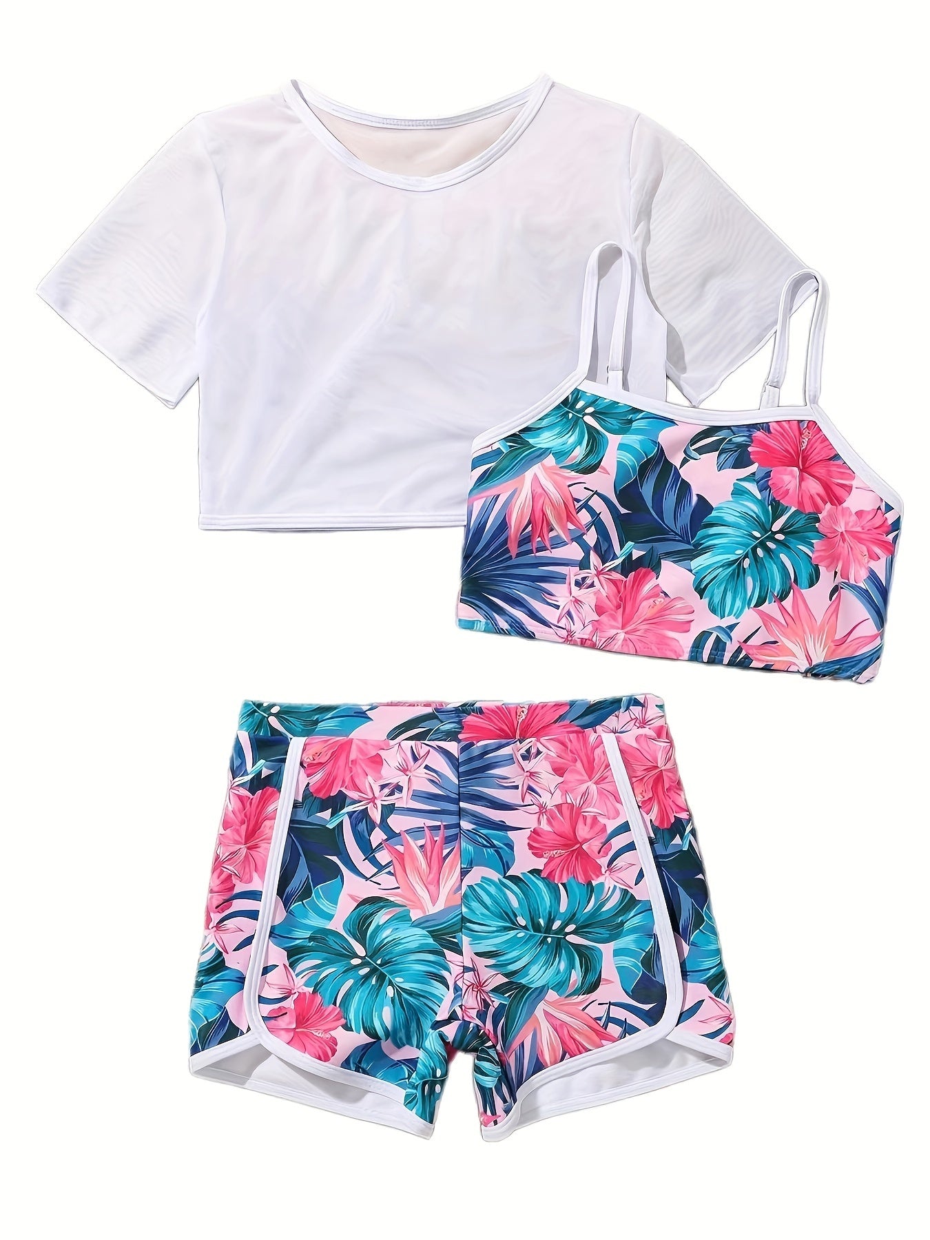 3pcs Girls Swimsuit Set Short Sleeve Top Cami Top Shorts Set