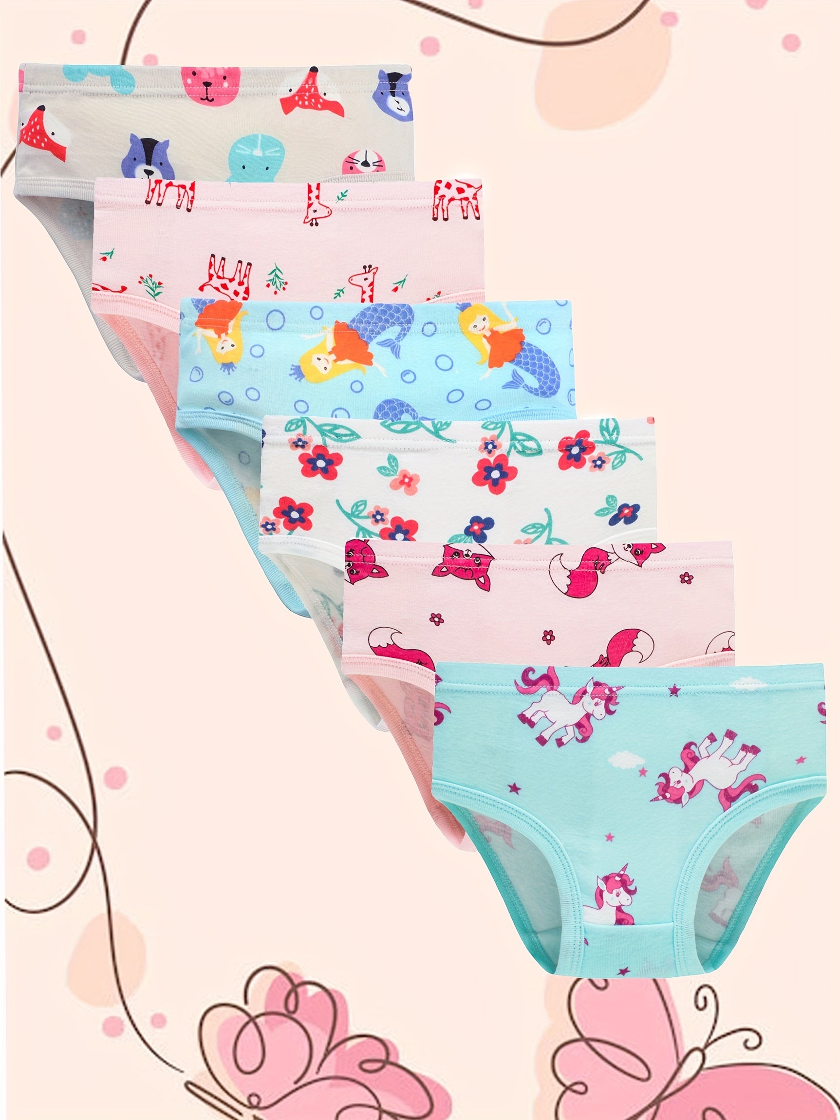 6pcs Girls Triangle Panties Cartoon Floral Animals Print Elastic Waist