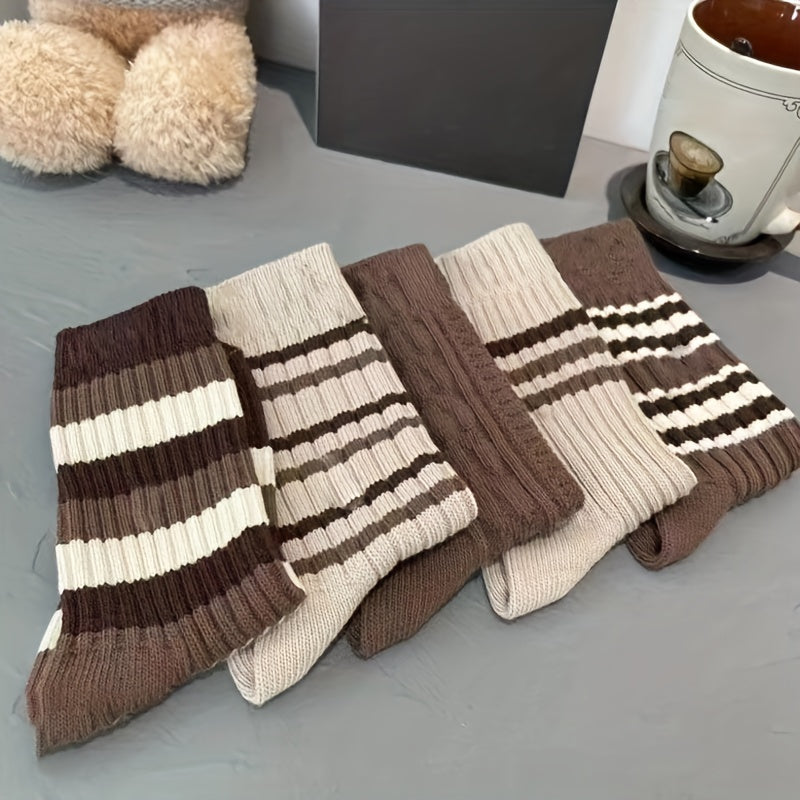 5 Pairs Block Stripe Print Socks Comfy & Breathable Women's Stockings & Hosiery