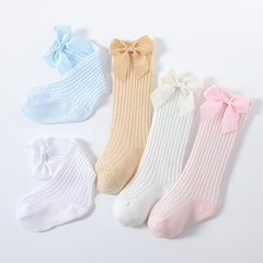 Bow Decor Thin Knit High Socks for Girls