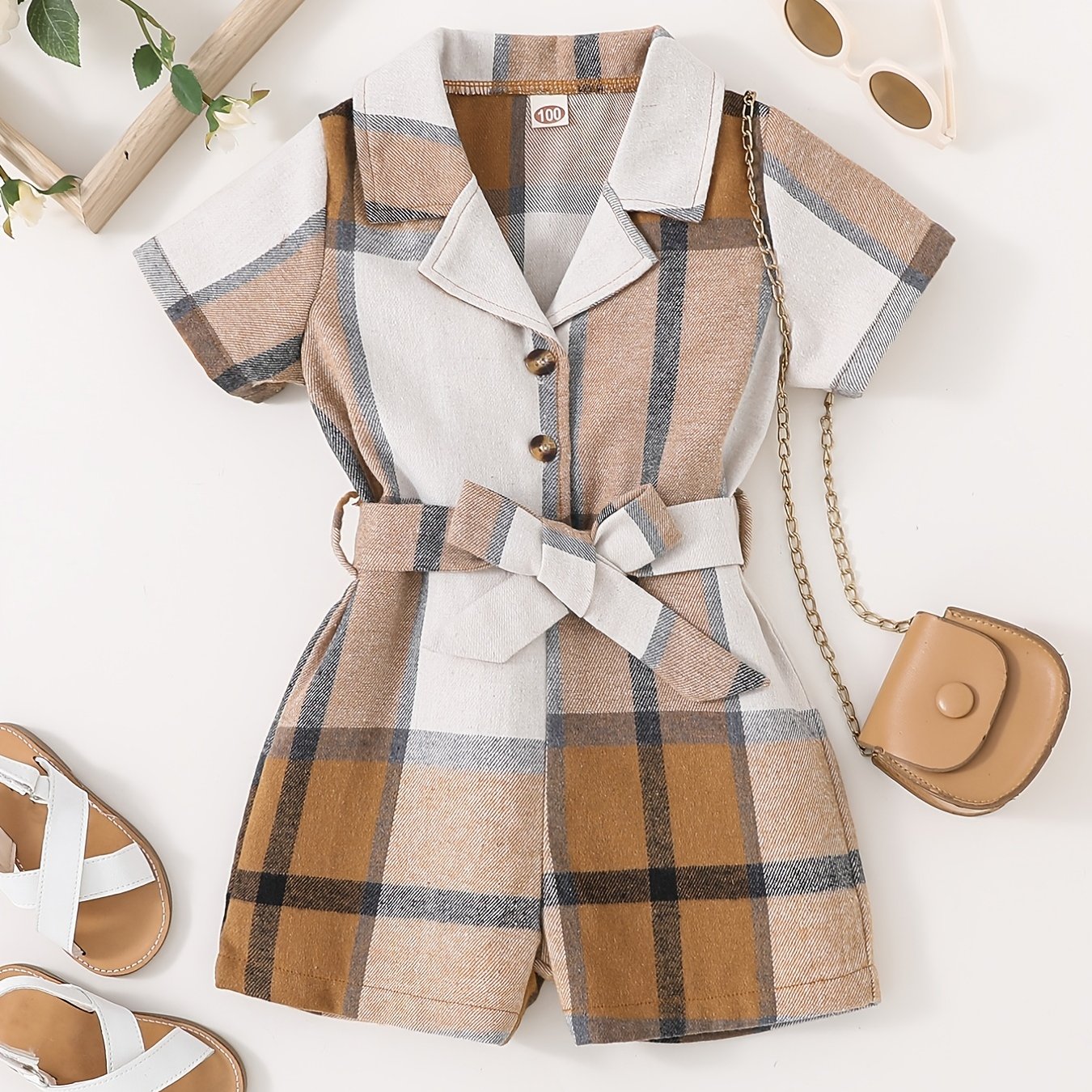 Girls Plaid Jumpsuit Button Short Sleeve Bow Belt Summer Outfit