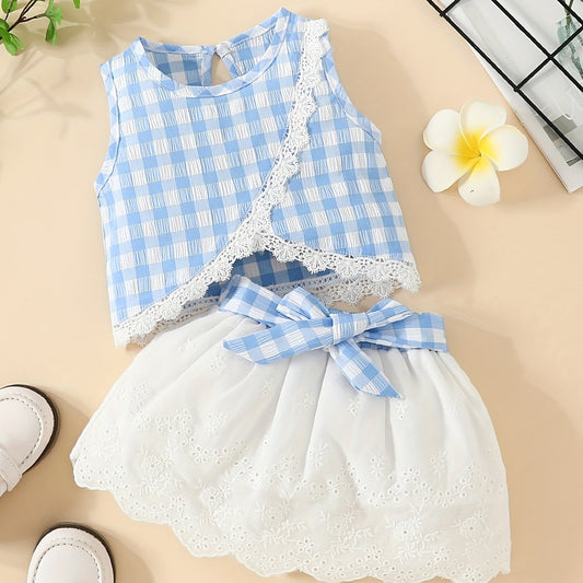 Baby Girls Gingham Lace Trim Tank Top & Skirt Set for Summer