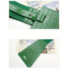 Plaid Embossed Wide Belt PU Leather Elastic Waistband for Women