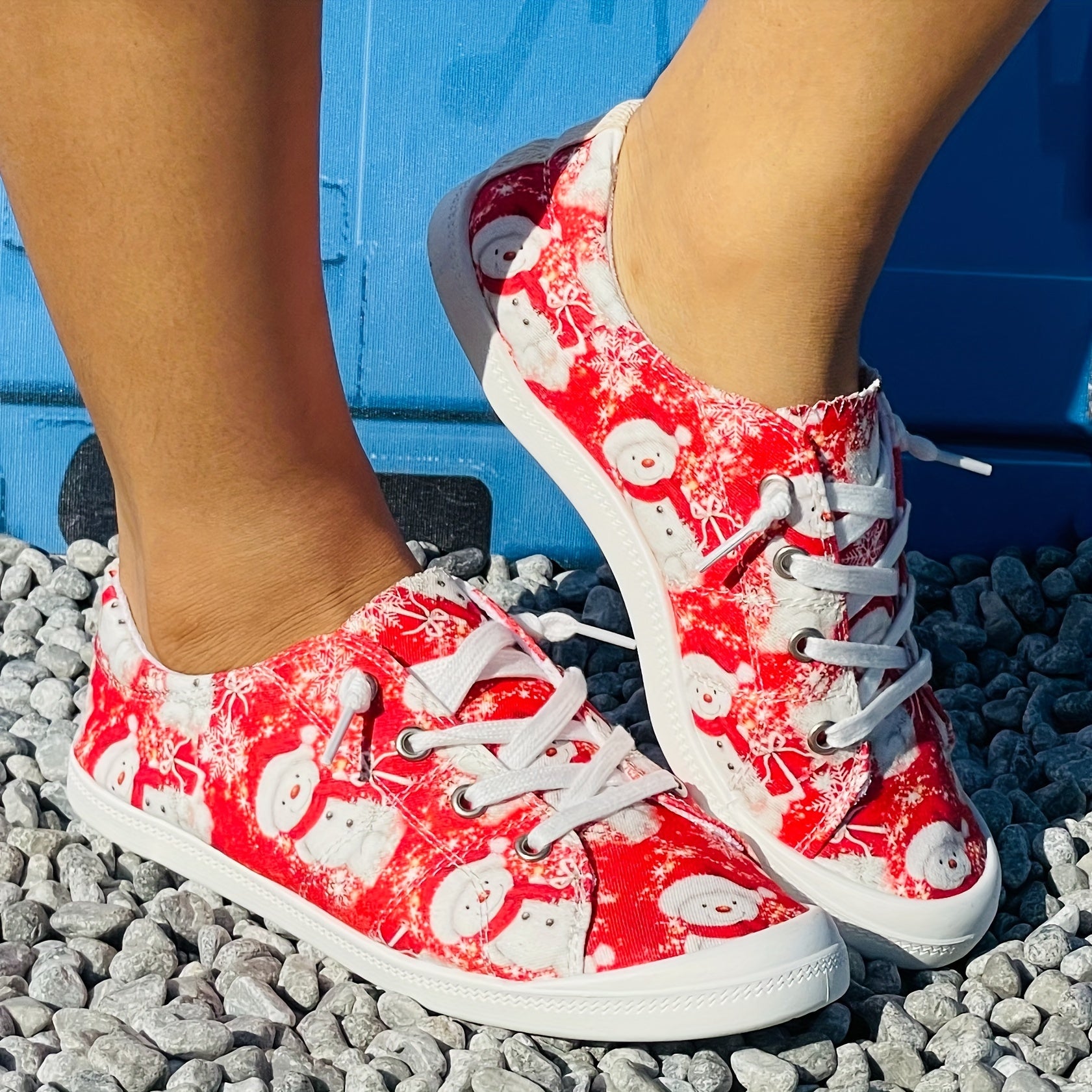 Christmas Canvas Shoes Round Toe Lace Up Flat Women's Shoes