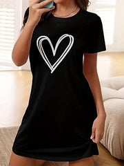 Heart Print NightDress Short Sleeve Crew Neck Pajama Dress Women's