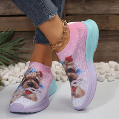 Breathable Cartoon Dog Print Non slip Running Shoes with Rhinestone Decoration