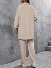 2-Piece Solid Button Up Blouse & Wide Leg Pants Set
