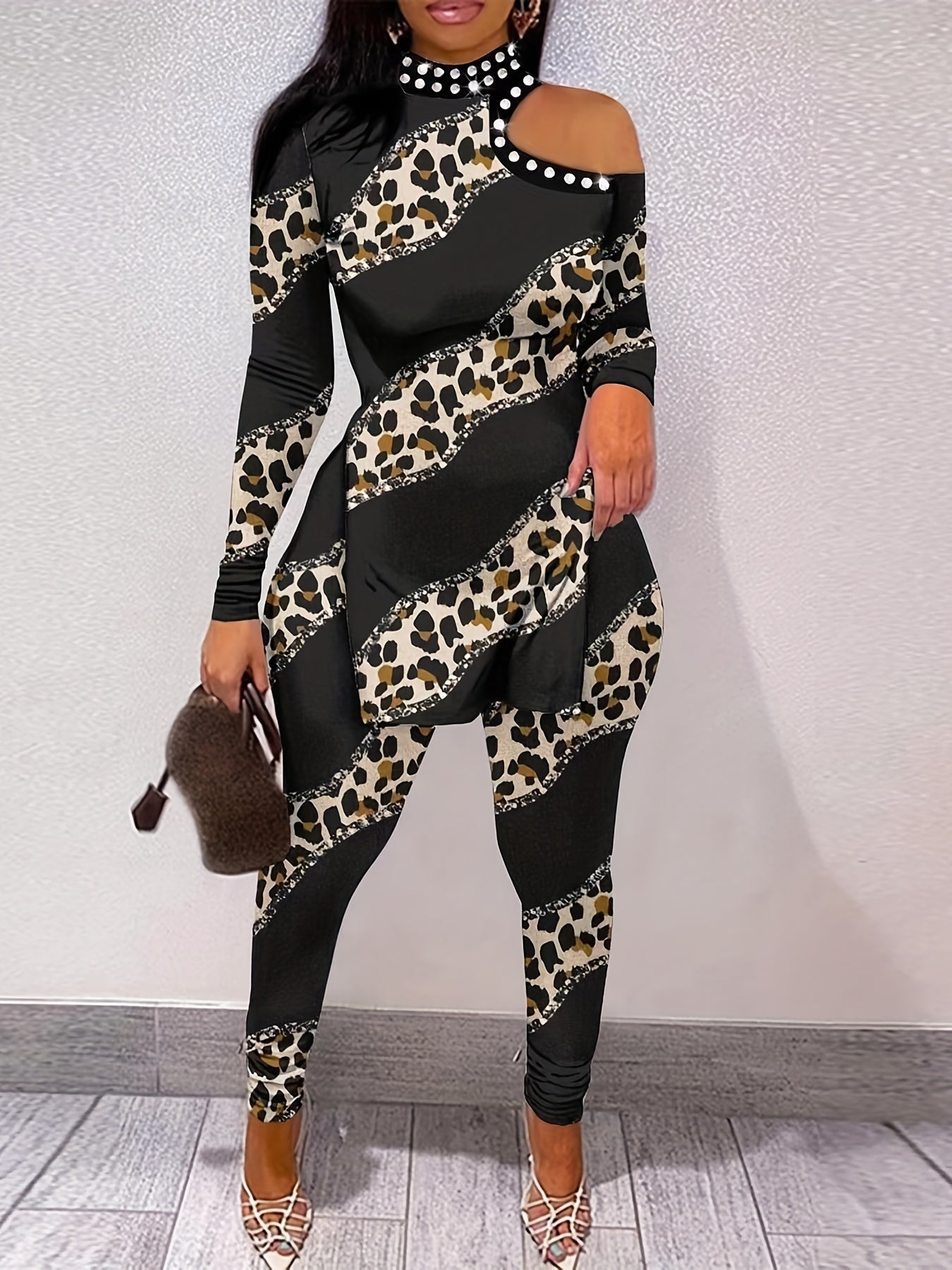 Leopard Patchwork Print Two-piece Set Cold Shoulder Split T-shirt & Casual Pants