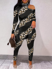 Leopard Patchwork Print Two-piece Set Cold Shoulder Split T-shirt & Casual Pants