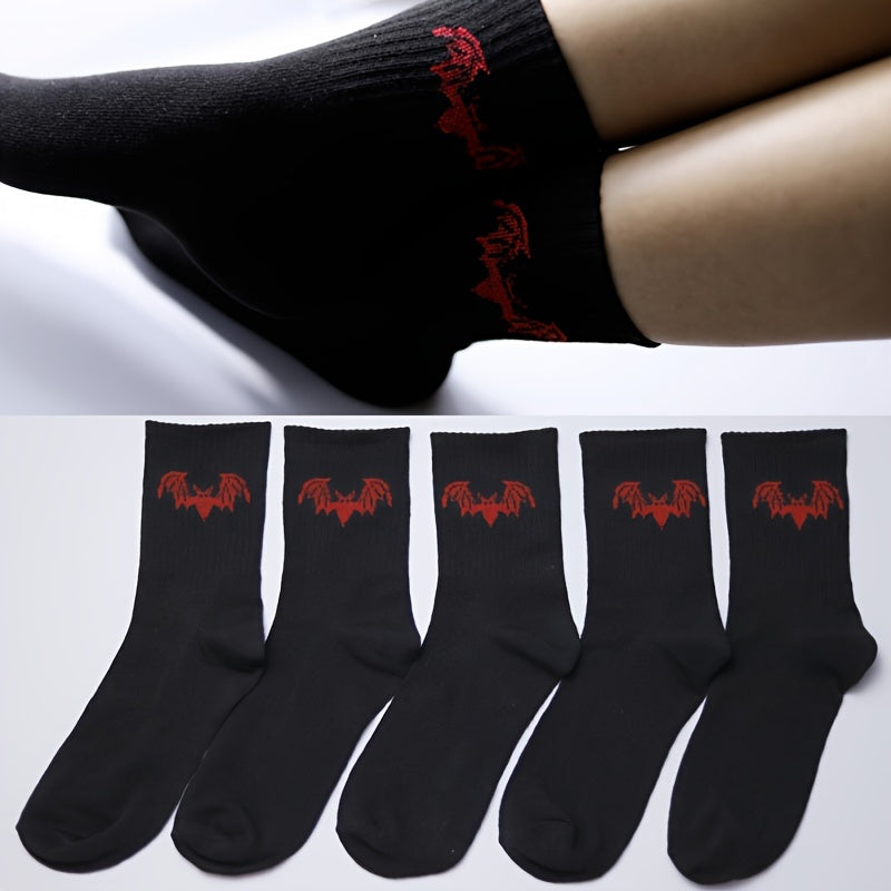 5 Pairs Bat Print Socks Halloween Crew Socks Women's Stockings & Hosiery
