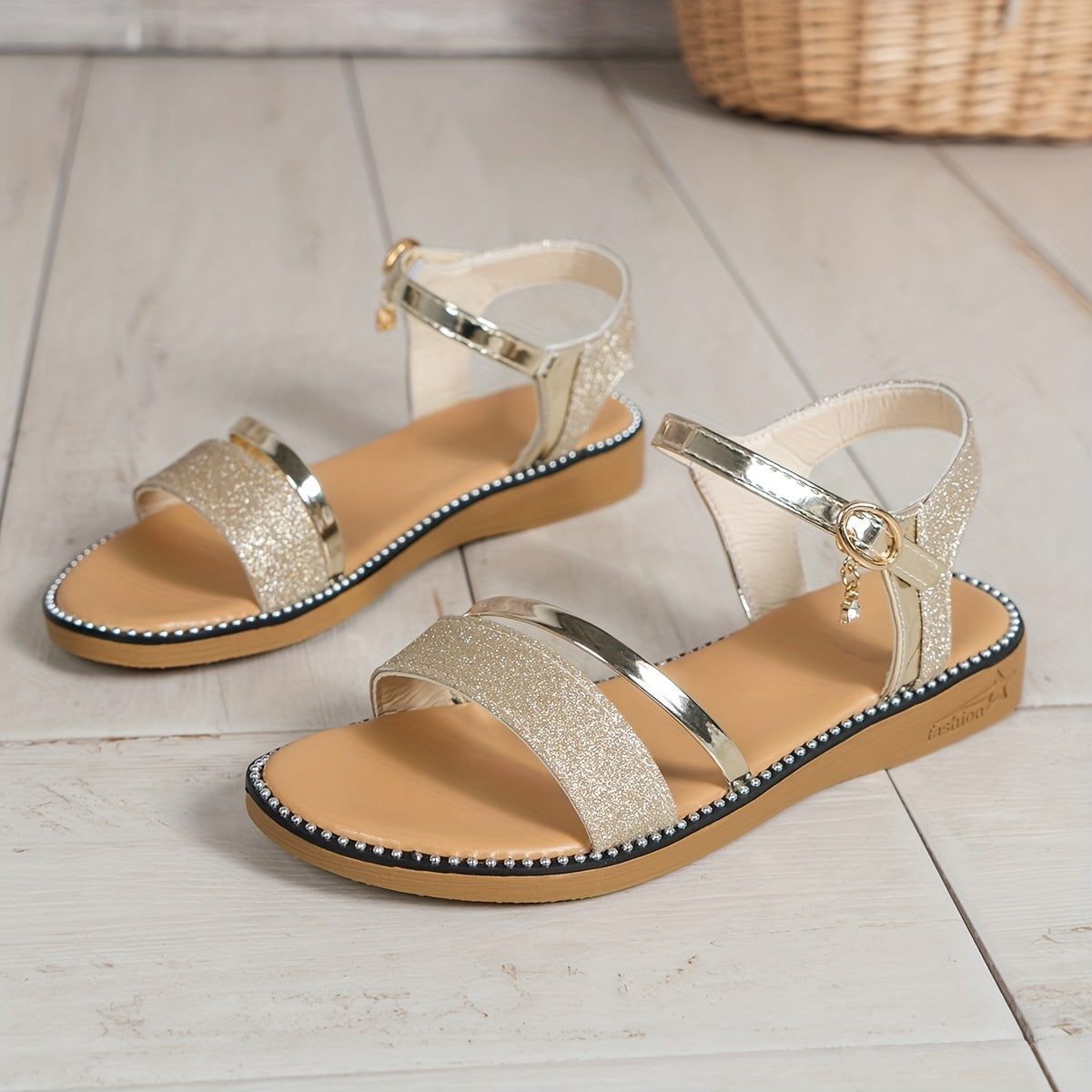 Women's Glitter Flat Sandals Open Round Toe Ankle Strap Shoes