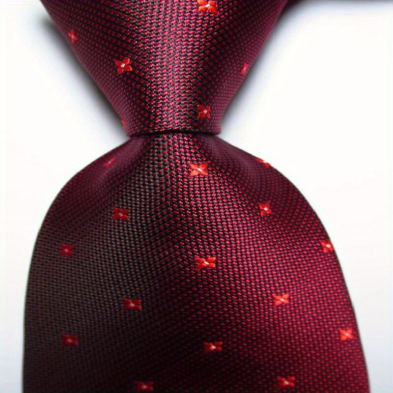 Plaid Dot Style Tie Men's Necktie Set Dark Red Brown Jacquard Woven