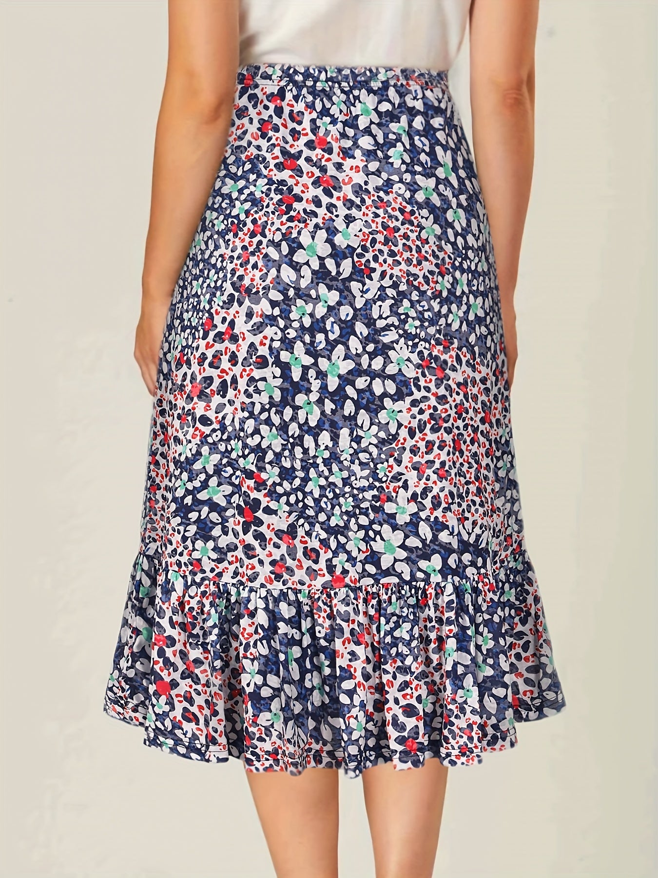 Floral Print High Waist Skirts Ruffle Trim Button Front Bag Hip Skirts