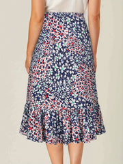 Floral Print High Waist Skirts Ruffle Trim Button Front Bag Hip Skirts
