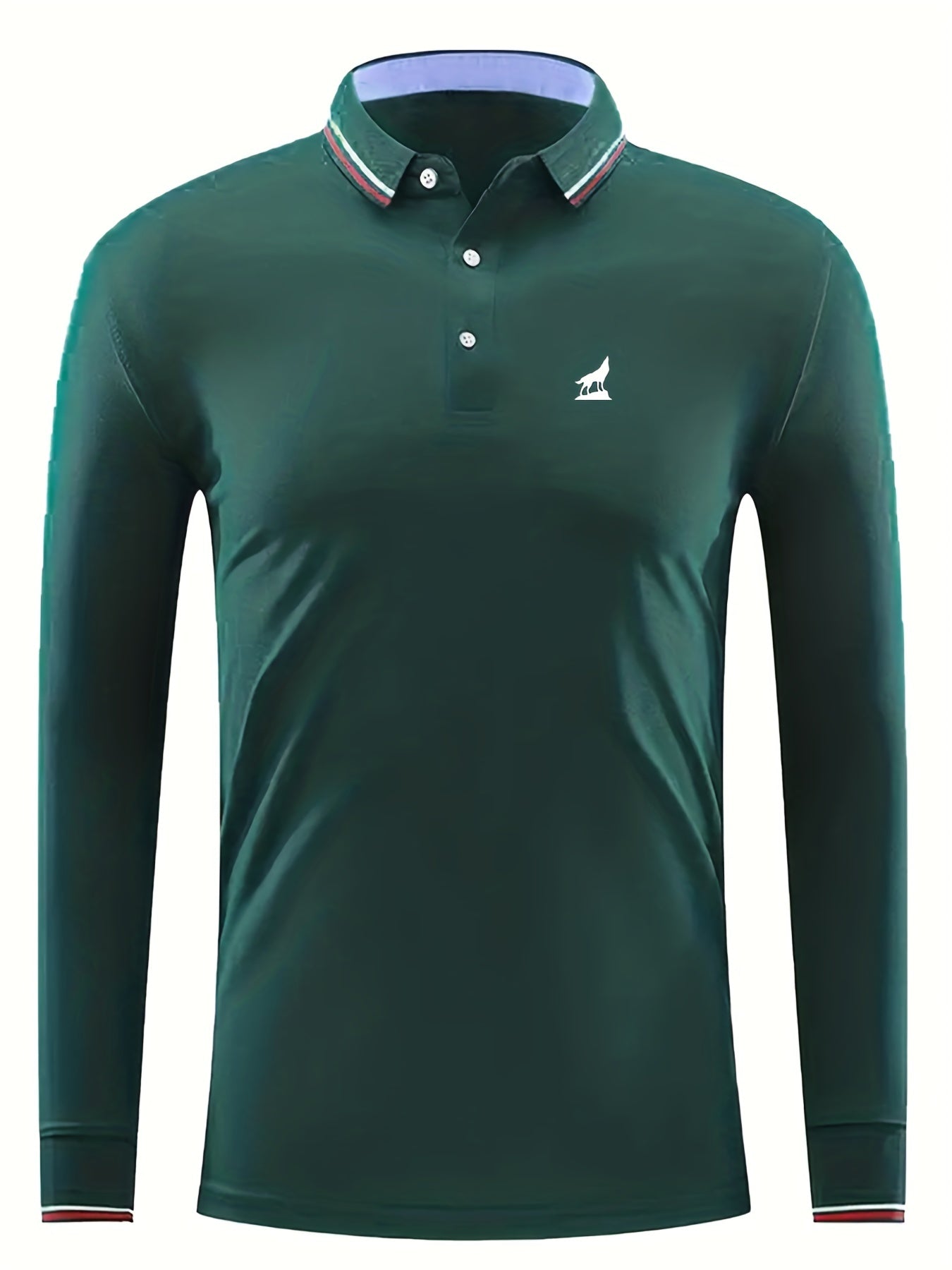 Men's Wolf Print Long Sleeve Polo Shirt Breathable Button Up Top