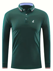 Men's Wolf Print Long Sleeve Polo Shirt Breathable Button Up Top