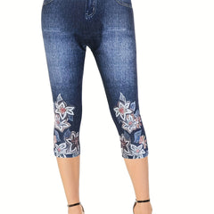 Floral Print Skinny Capris Leggings Casual Crop Leggings