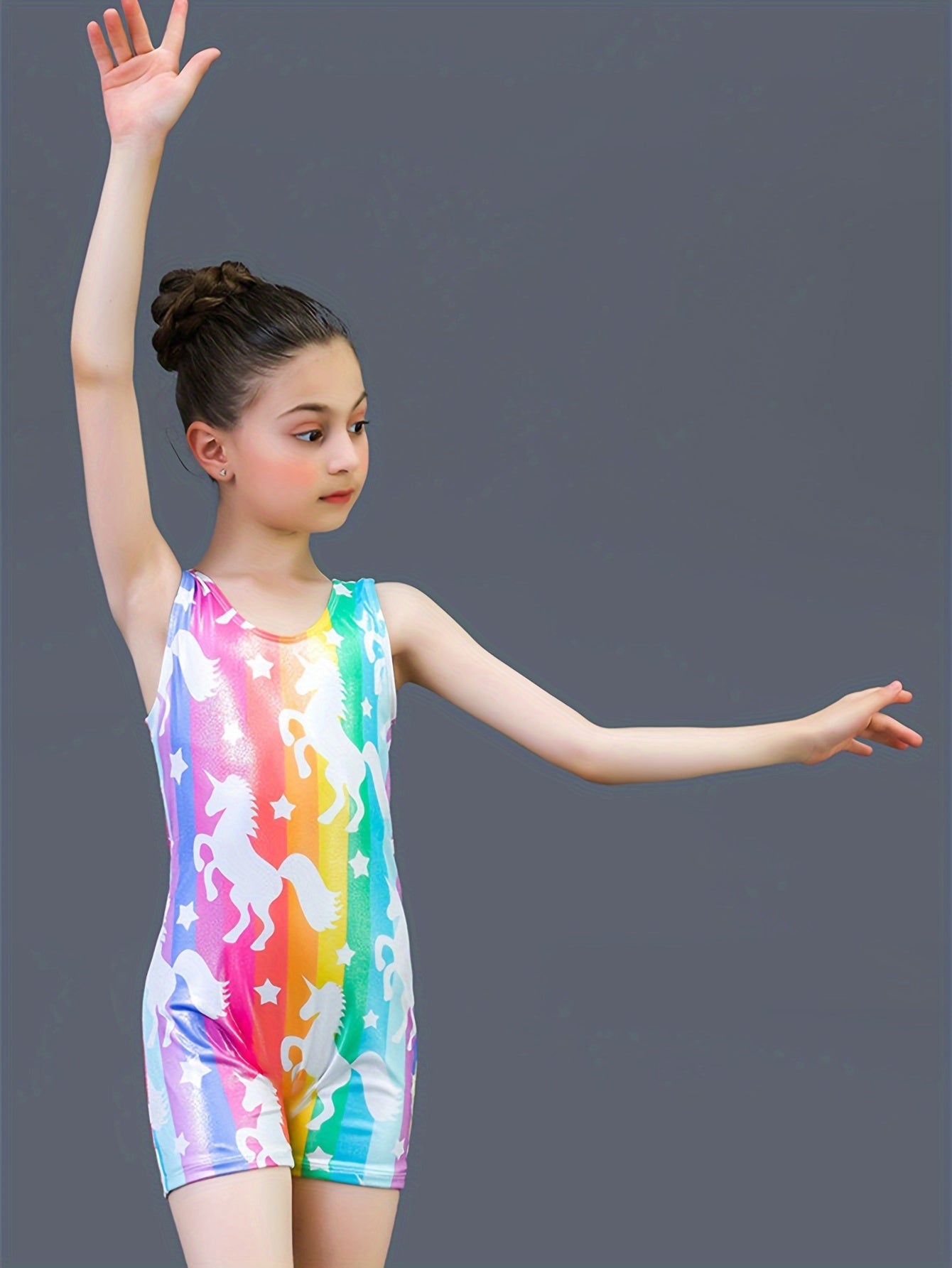 Girls Rainbow Unicorn Print Sleeveless Ballet Leotard Romper