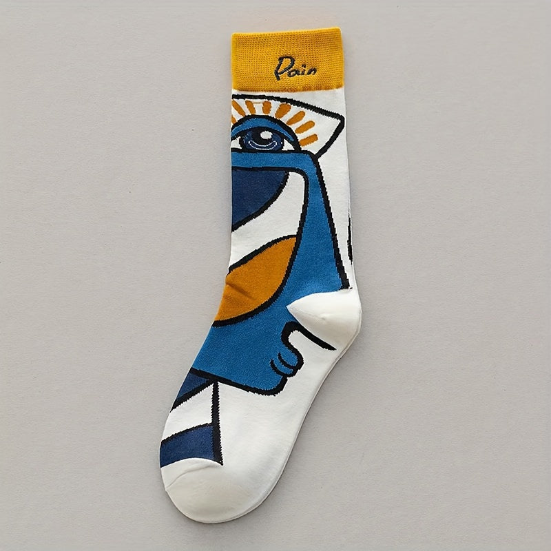 4 Pairs Illustration Print Socks Novelty Funny Mid Tube Stockings