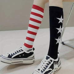 Star & Striped Print Calf Socks Elastic Knee High Stockings