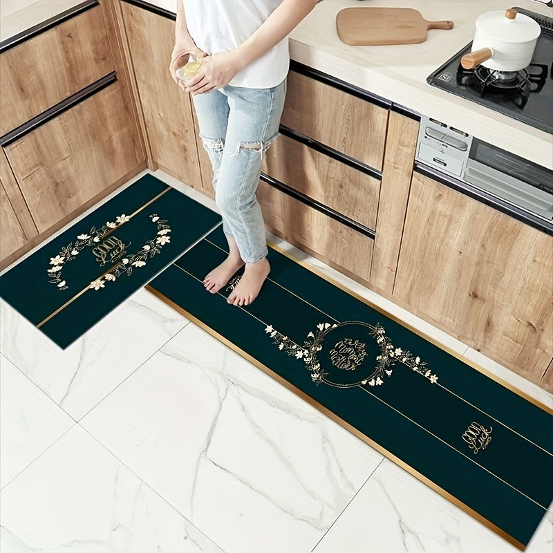 Dark Green Vintage Area Rug Magnolia Pattern Carpet Non Slip Washable