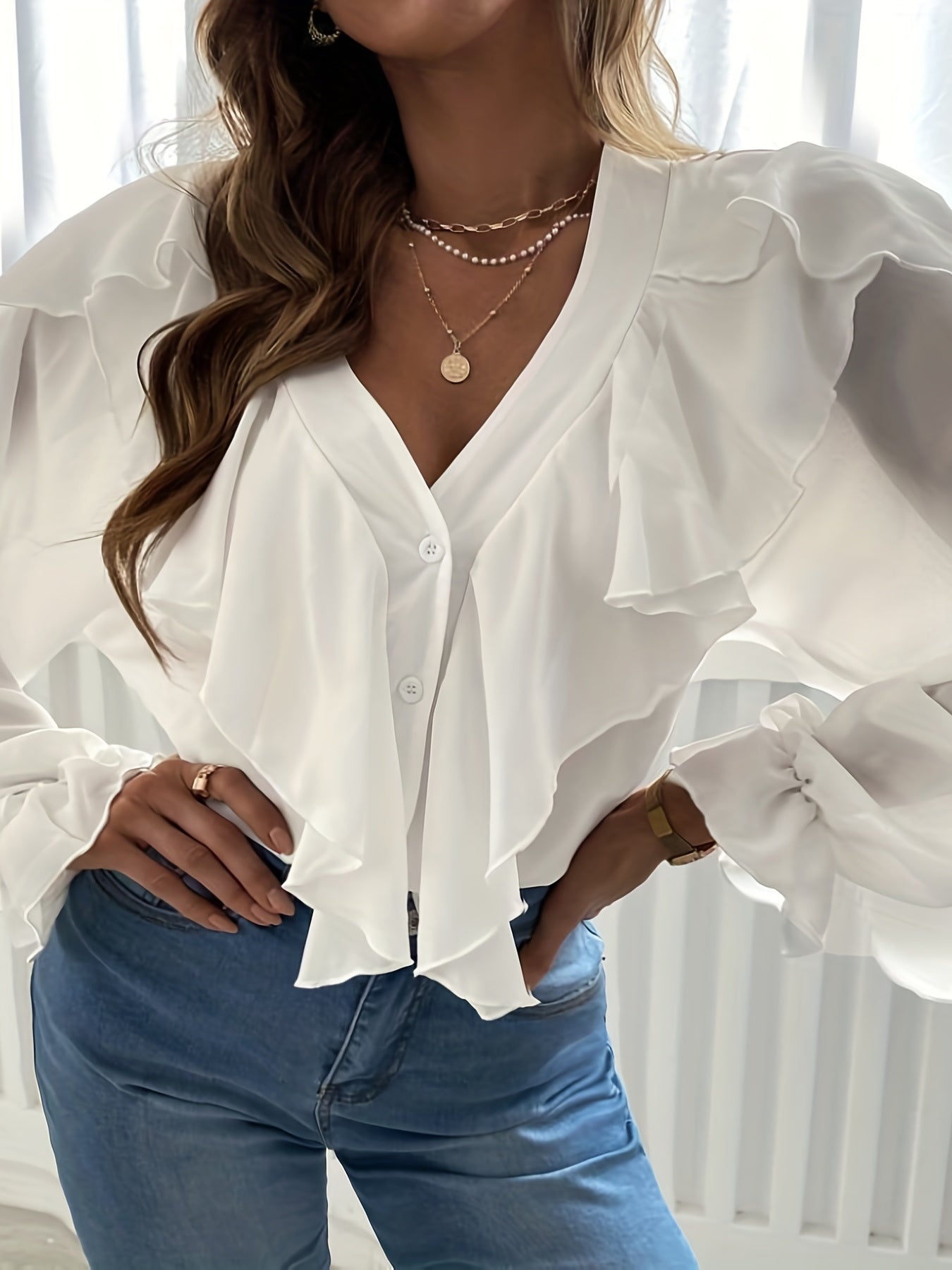 Women's Plus Solid Button Up Ruffle Trim Lantern Sleeve V Neck Blouse