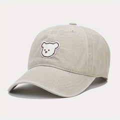 Cartoon Bear Patch Baseball Cap Solid Washed Distressed Sun Hat