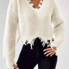 Y2K Distressed Trim Long Sleeve Crop Jumper