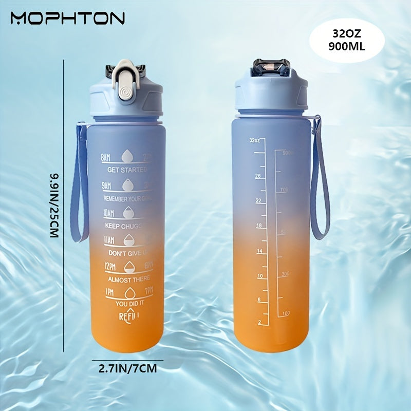 32oz Gradient Water Bottle with Time Scale Straw Leakproof Fitness Outdoor Sport