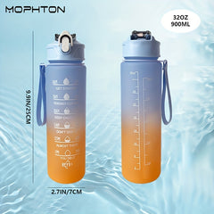 32oz Gradient Water Bottle with Time Scale Straw Leakproof Fitness Outdoor Sport
